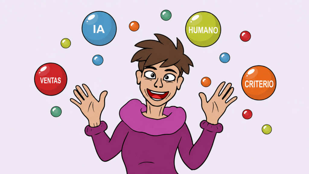 Sandra Romero Cañadas, especialista en IA aplicada a ventas, haciendo malabares con los conceptos clave: IA, humano, ventas y criterio.