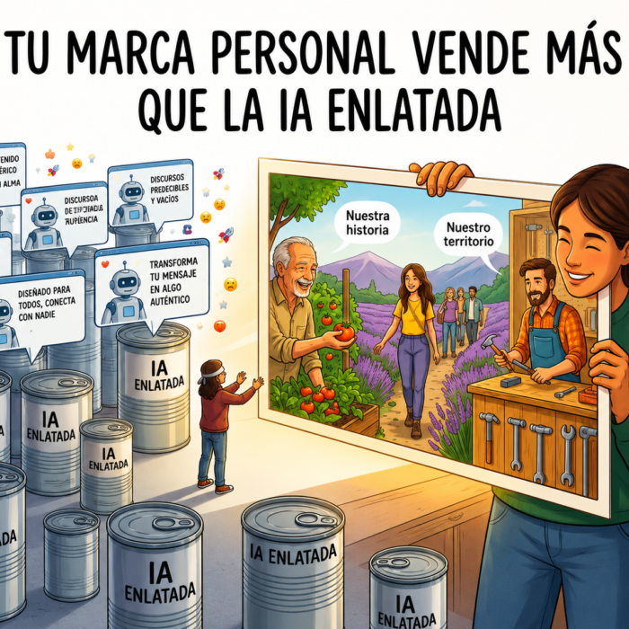 Latas idénticas de IA enlatada con mensajes genéricos frente a una marca personal con caras reales que cuenta su historia y su territorio.