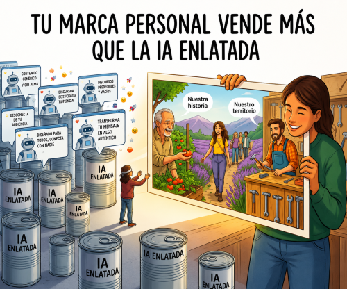 Latas idénticas de IA enlatada con mensajes genéricos frente a una marca personal con caras reales que cuenta su historia y su territorio.